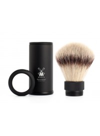 Brocha de viaje MÜHLE TRAVEL 31 M 536 aluminio anodizado plateado Silvertip Fibre vegana desmontada