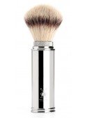 Brocha de viaje MÜHLE TRAVEL Chrome 31 M 20 Silvertip Fibre vegana nudo retráctil mango metal cromado compacta Alemania