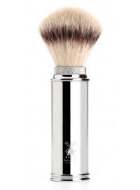 Brocha de viaje MÜHLE TRAVEL Chrome 31 M 20 Silvertip Fibre vegana nudo retráctil mango metal cromado compacta Alemania