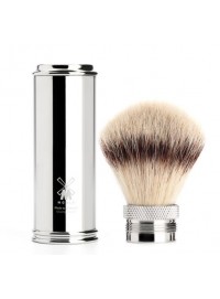 Brocha de viaje MÜHLE TRAVEL Chrome 31 M 20 Silvertip Fibre vegana nudo retráctil mango metal cromado compacta desmontada