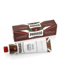 Crema de afeitar Proraso sándalo y karité tubo 150 gr línea roja barba dura piel seca dosificación taza jabonera Italia