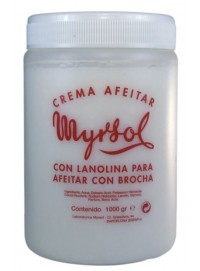 Tarro crema de afeitar Myrsol 1000 gr barbería profesional brocha lanolina aceite coco aroma floral afeitado clásico español
