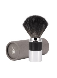Brocha de afeitar MÜHLE NEO Black fibra sintética negra vegana mango metal cromo nudo afeitado clásico serie NEO caja
