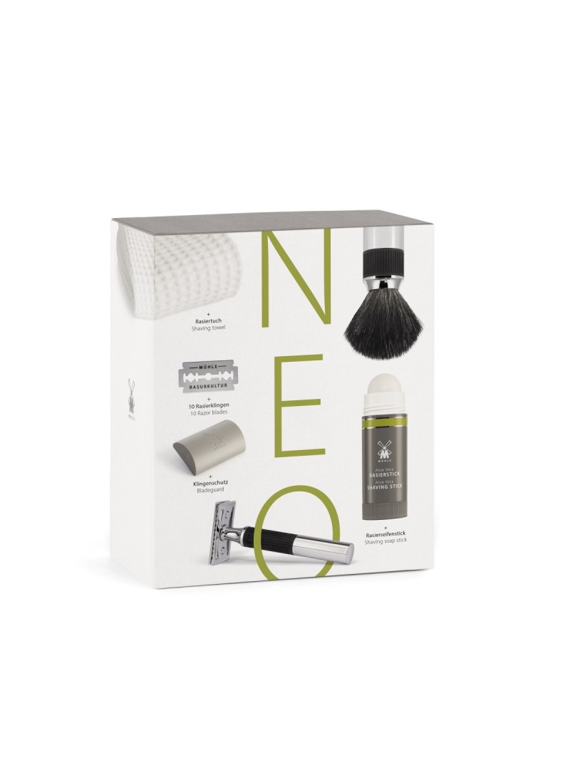 Set de afeitado MÜHLE NEO completo brocha fibra vegana maquinilla peine cerrado jabón Aloe Vera toalla hojas Alemania