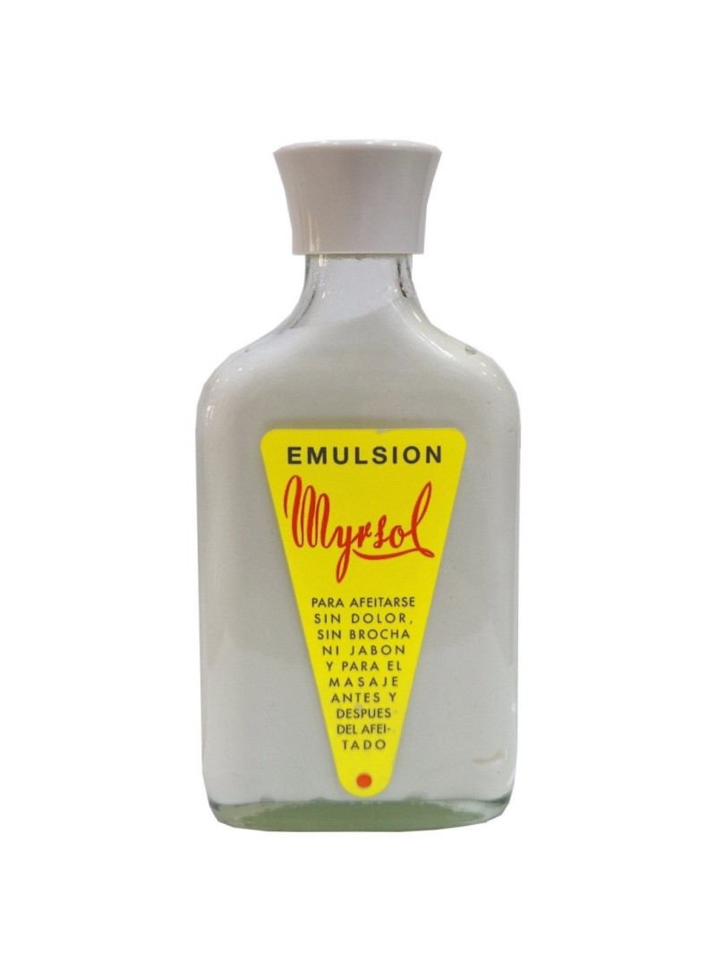 Masaje Myrsol Emulsión 180 ml frasco cristal pre post afeitado clásico español Barcelona lanolina mentol